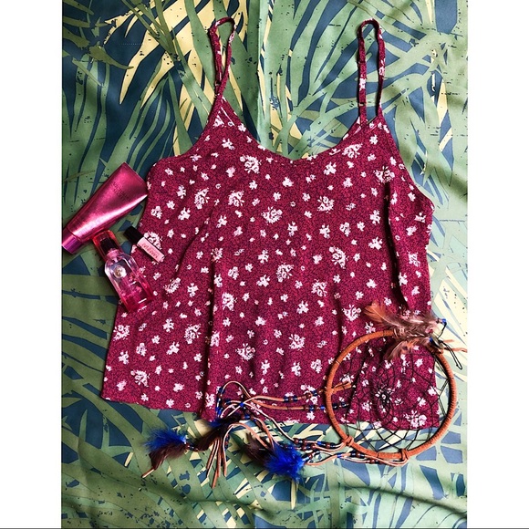 Floral Loose Tank Top Blouse Burgundy Small - Picture 1 of 7